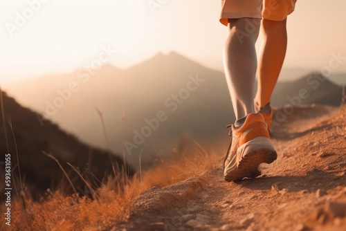 Legs closeup. Hiker in mountains on sunrise. Hiking background generative ai 