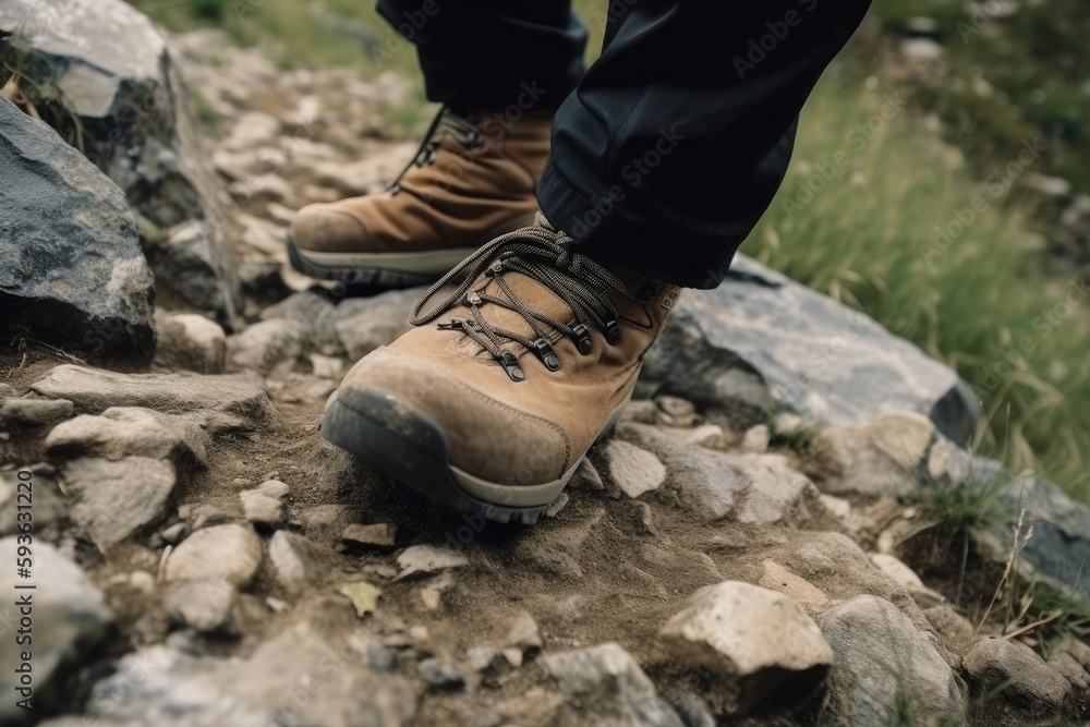 Legs closeup. Hiker in mountains on sunrise. Hiking background generative ai Legs closeup. Hiker in mountains on sunrise. Hiking background generative ai