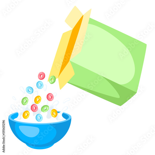 Breakfast cereal is poured into bowl. Image of healthy food.