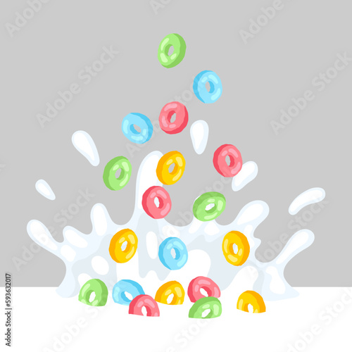 Breakfast cereal falls into milk. Image of healthy food.