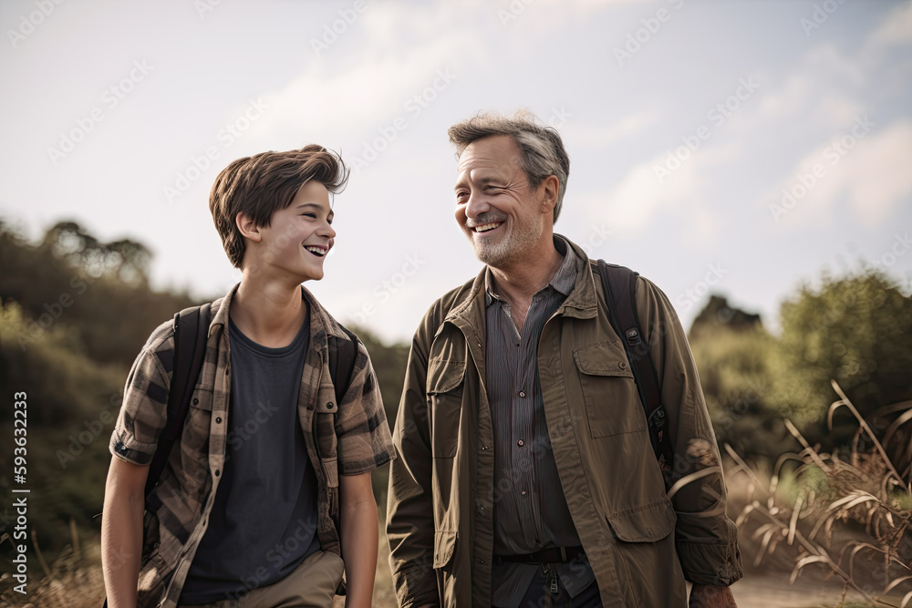Father and son on a hike in the countryside. They are smiling. Generative AI