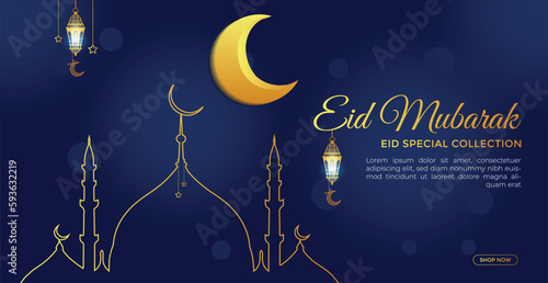 Eid Mubarak and Arabic calligraphy Islamic greeting card. For Ramadan, Raya Hari, Eid al Adha, and Mawlid. Half moon and crescent moon with Islamic Patterns and Decorative Ornament Frame Drawn mosque