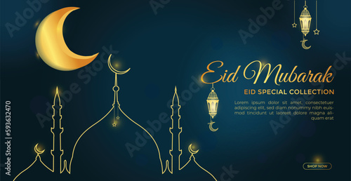 Eid Mubarak and Arabic calligraphy Islamic greeting card. For Ramadan, Raya Hari, Eid al Adha, and Mawlid. Half moon and crescent moon with Islamic Patterns and Decorative Ornament Frame Drawn mosque