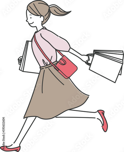 ショッピングバッグを持って走る女性