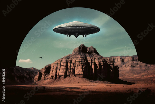 minimalistic retro sci-fi collage of an unidentified flying object (ufo / UAP) near the grand canyon - Generative AI photo