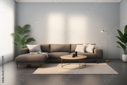 Generative AI image of interior of gray walled living room with comfortable sofa center table carpet curtains potted plants while window sunlight and standing lamp illuminating place photo