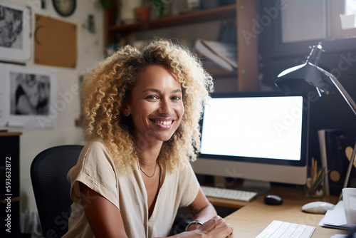 Generative AI illustration of cheerful young African American female freelancer with Afro hairstyle smiling and looking at camera while sitting at wooden table during work on remote project on laptop photo