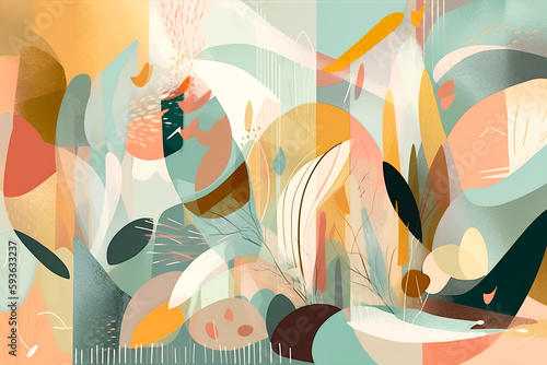 Creative generative AI pastel colored illustration of leaves and flowers as abstract background