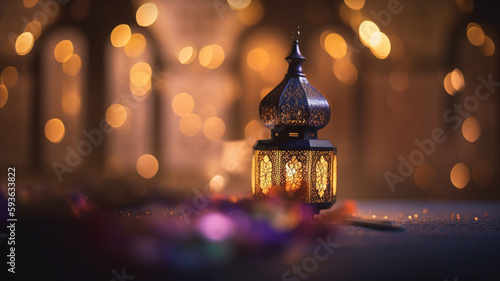 A lantern with a bokeh background and lights in the background