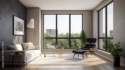 Light living room interior with couch and armchair with panoramic window