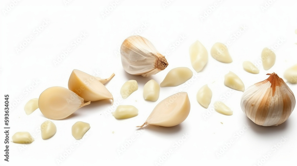 falling peeled garlic cloves isolated on white background