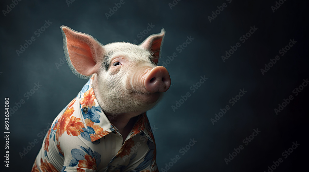 A white pig posing in a Hawaiian shirt, in the style of conceptual portraiture with a dark background. Generative AI - obrazy, fototapety, plakaty 