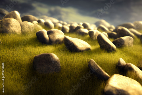 a bush of grass sitting on top of a pile of rocks, inspired by Andries Stock, reddit, digital art, realistic gold, high detailed thin stalagtites, grass, Generative AI photo