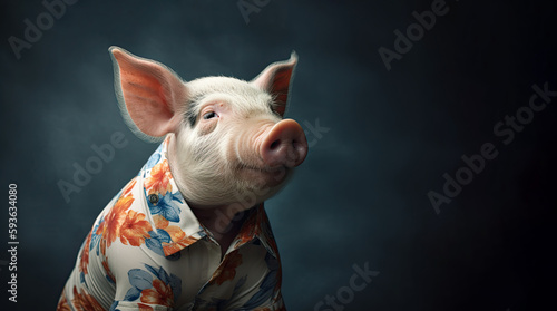 A white pig posing in a Hawaiian shirt, in the style of conceptual portraiture with a dark background. Generative AI