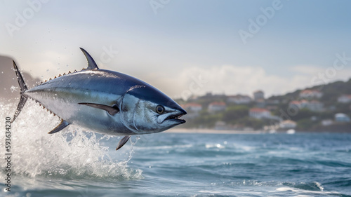 A bluefin tuna jumps out of the water.