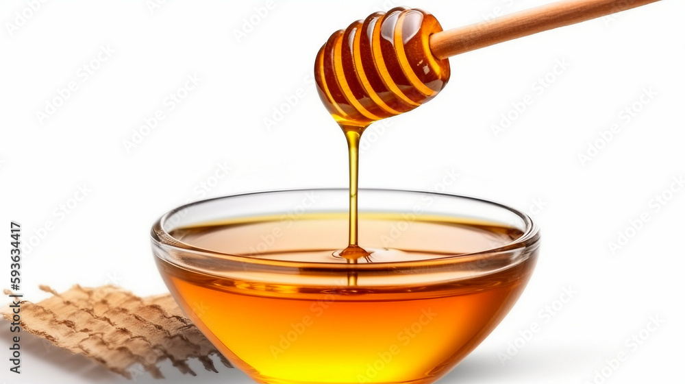 honey stick and bowl of pouring honey isolated on white background honey stick and bowl of pouring honey isolated on white background