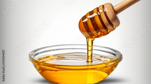 honey stick and bowl of pouring honey isolated on white background