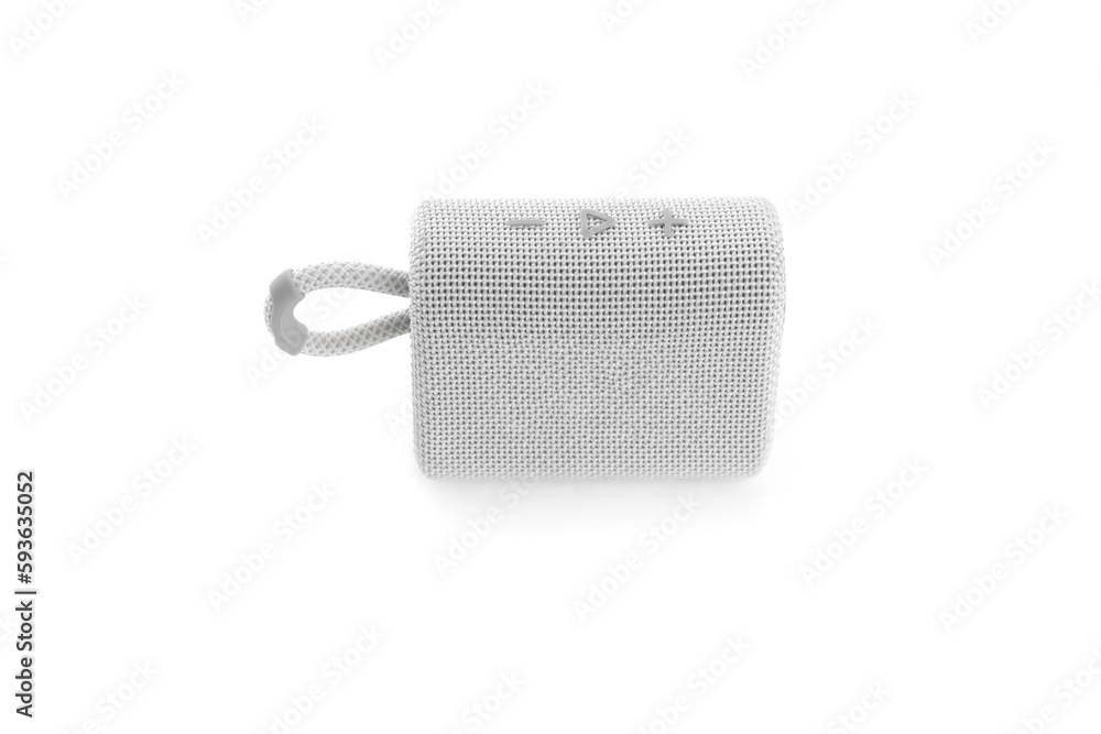 Wireless speaker on a white background. Round music speaker close-up. Wireless speaker on a white background. Round music speaker close-up.
