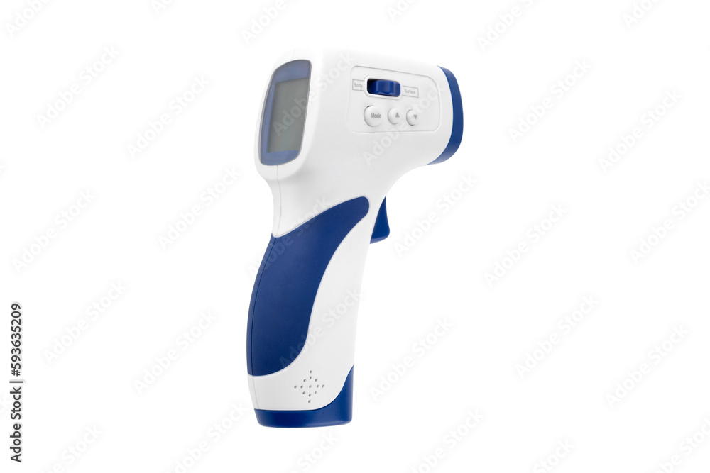 Electronic thermometer on a white background. Infrared electronic thermometer close-up on a white background. Electronic thermometer on a white background. Infrared electronic thermometer close-up on a white background.