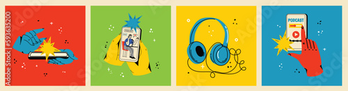 Podcast recording and listening, broadcasting, online radio, audio streaming service concept. Hand drawn vector isolated illustrations of headphones, microphone, laptop, equalizer, speech bubbles.