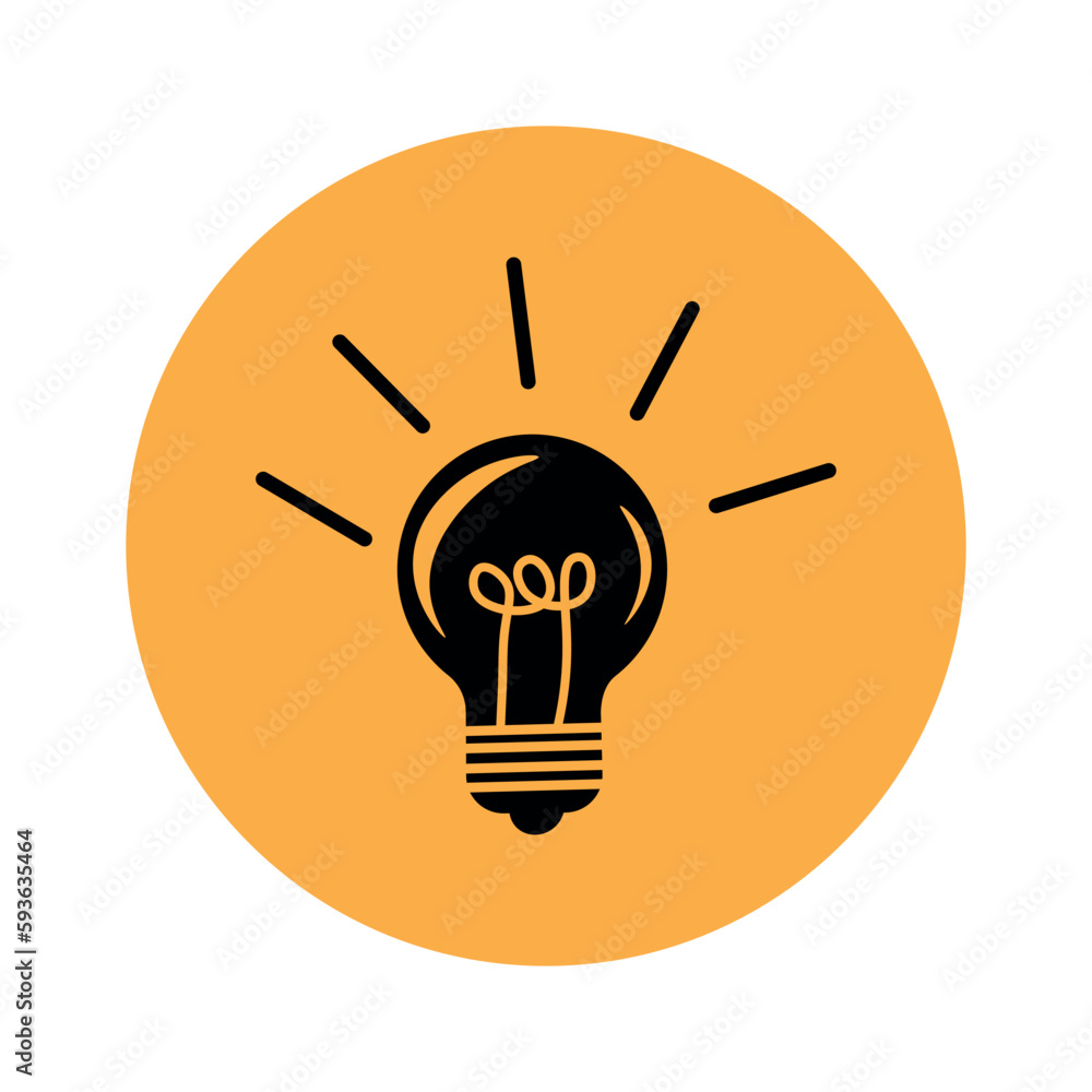 Glowing light bulb icon on orange background. Silhouette of a glowing light bulb on an orange background in the form of a circle Glowing light bulb icon on orange background. Silhouette of a glowing light bulb on an orange background in the form of a circle