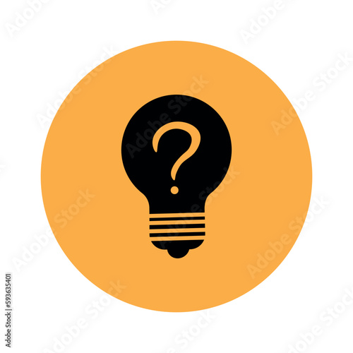Light bulb icon with question mark on orange background. Silhouette of a light bulb with a question mark on an orange background in the form of a circle