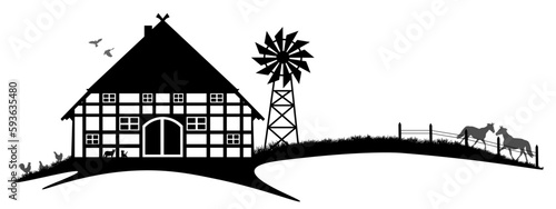 Farm farming agriculture landscape background banner panorama vector illustration symbol for logo - Black silhouette of farmhouse, horses, chicken and windmill on field, isolated on white background