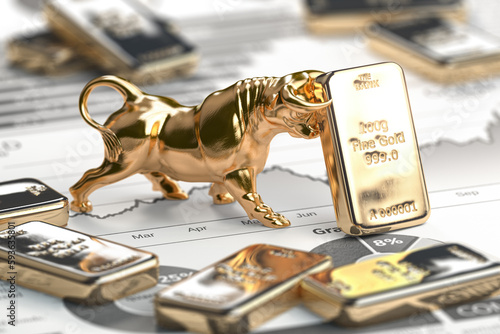Bild auf Leinwand Golden ingot and bull on graph. Bull market trend in gold.