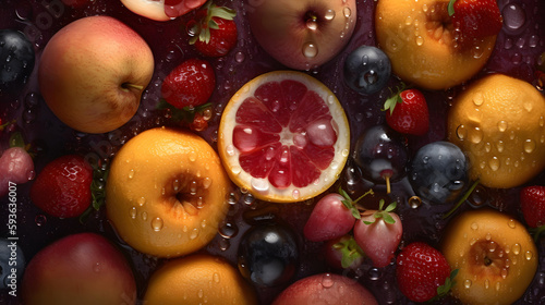 mixture of fresh fruits with water bubbles soda cider generative ai