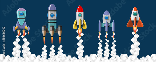 Cartoon vector illustration Rocket launch isolated images set.