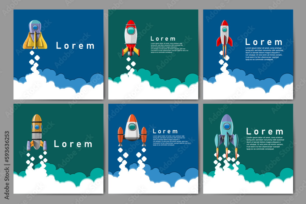 Cartoon vector illustration Rocket launch isolated images banner set.
