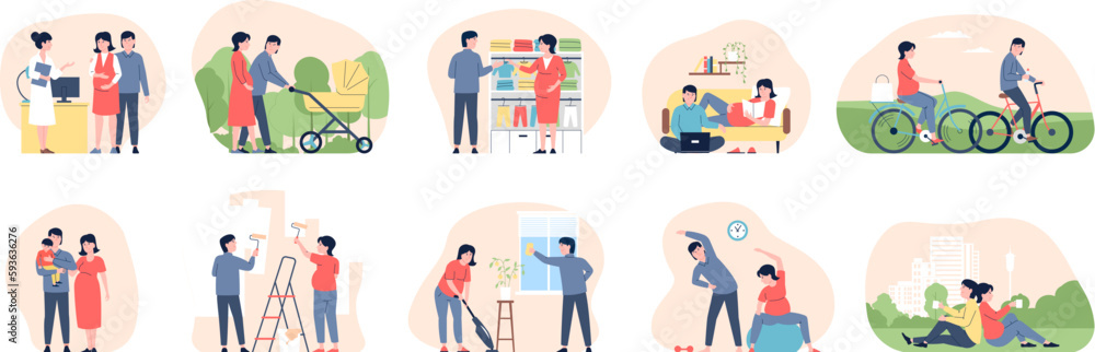 Daily life pregnant woman and husband. Couple activity, visit to doctor, shopping and walking outdoor. Young father and mother, parents recent vector scenes