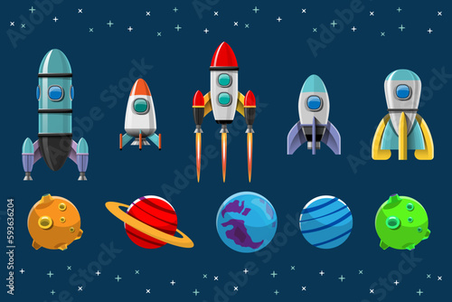 Cartoon vector illustration Rocket launch isolated images set.
