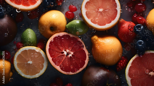 mixture of fresh fruits with water bubbles soda cider generative ai