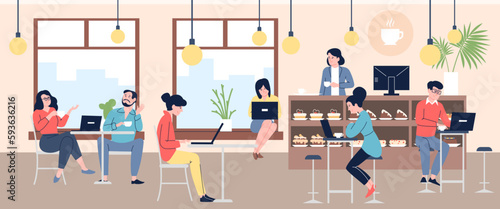 Business people working in cafe, drinking hot beverages. Public cafeteria, barista and person with laptop. Meeting on lunch, recent vector scene