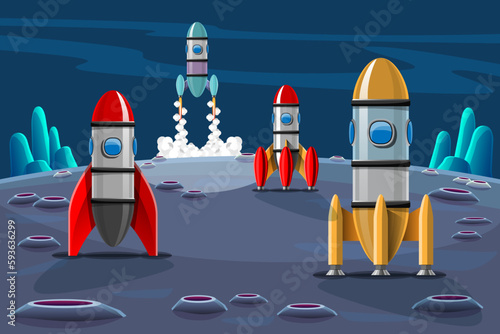 Rockets are launched  from station to outer space. Vector illustration in 3D style