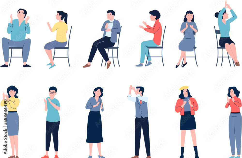 Various clapping people, applauded adults stand and sitting. Students and office employees, confident characters. Positive support recent vector set Various clapping people, applauded adults stand and sitting. Students and office employees, confident characters. Positive support recent vector set