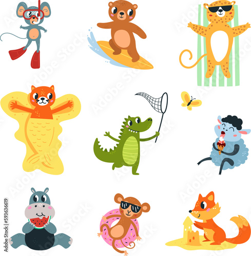 Cute summer resting animals. Beach animal vacation, surfins and sunbath. Funny travel, monkey and crocodile, fox and hippo classy vector set