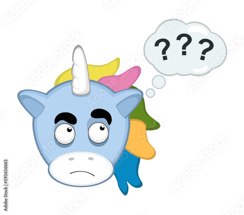 vector illustration face of a unicorn cartoon thinking or doubtful,with a thought cloud with question marks