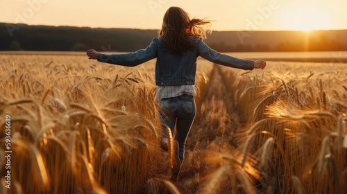 Free and happy woman running through a wheat field. Generative AI