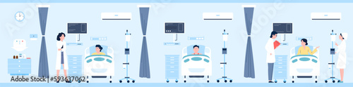 Hospitalized patient in intensive therapy clinic. Hospital patients, doctor and nurse. Emergency help, medical healthcare recent vector scene