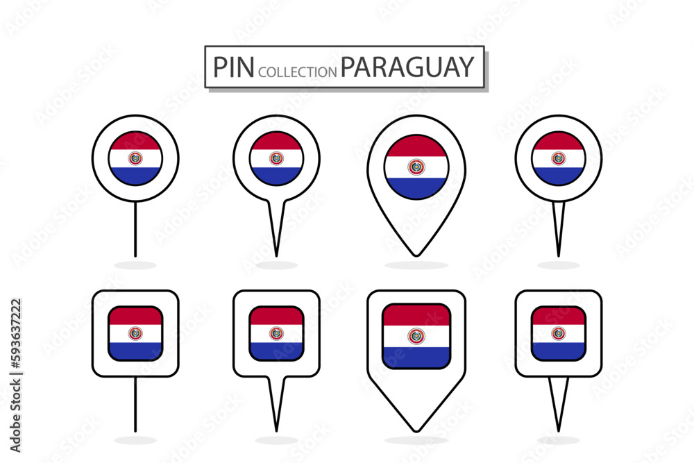 Set of flat pin Paraguay flag icon in diverse shapes flat pin icon Illustration Design.