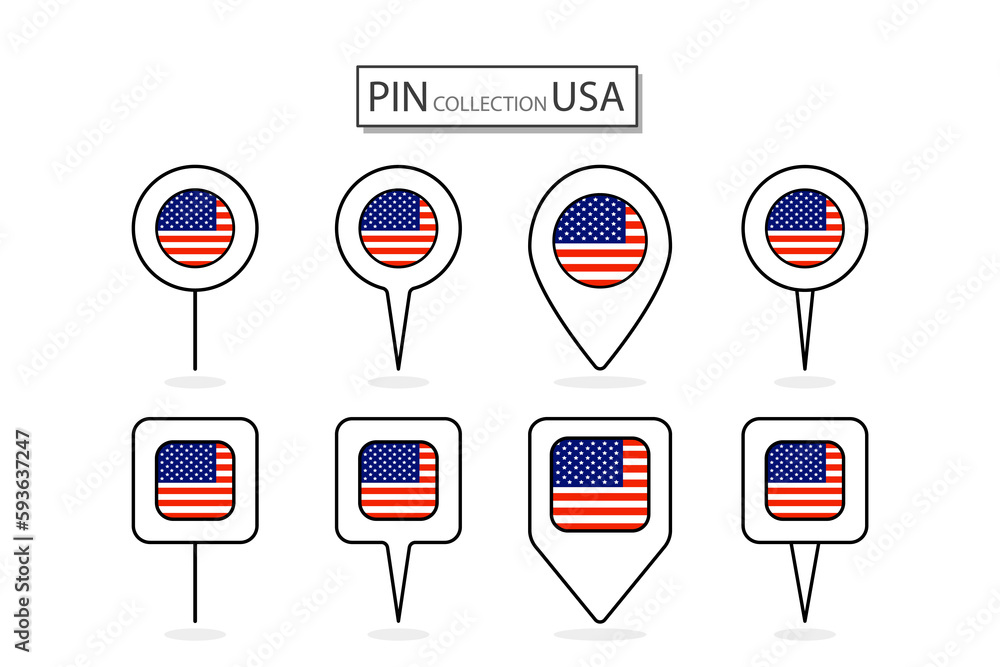 Set of flat pin USA flag icon in diverse shapes flat pin icon Illustration Design. Set of flat pin USA flag icon in diverse shapes flat pin icon Illustration Design.