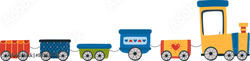 Cartoon festive tram, child train. Locomotive with wagons flat and decoration. Festival or summer party, children transportation vector elements