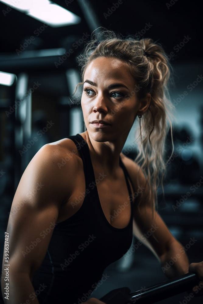 Portrait of a woman doing exercises in the sport gym. Health and fitness advertising poster and campaign. Created with Generative Ai Portrait of a woman doing exercises in the sport gym. Health and fitness advertising poster and campaign. Created with Generative Ai