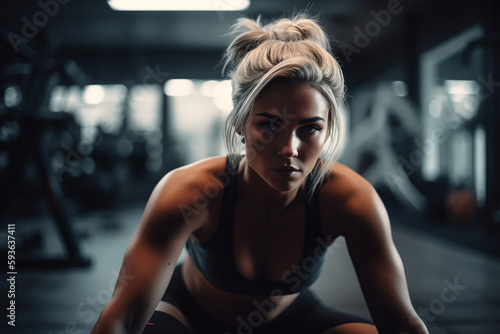 Portrait of a woman doing exercises in the sport gym. Health and fitness advertising poster and campaign. Created with Generative Ai © Zenturio Designs