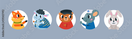 Forest and farm animals cartoon. Animal avatars, funny bear, bunny, fox, sheep and mouse. Children wild characters, vector decorative mascots