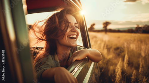 Pretty young woman enjoying while driving on road trip on beautiful summer day. Generative AI