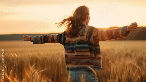 Free and happy woman running through a wheat field. Generative AI © nenetus