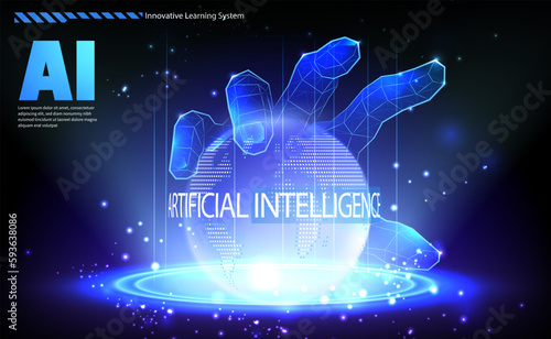 AI technology concept virtual digital hand control manipulate the whole world in futuristic style dark background